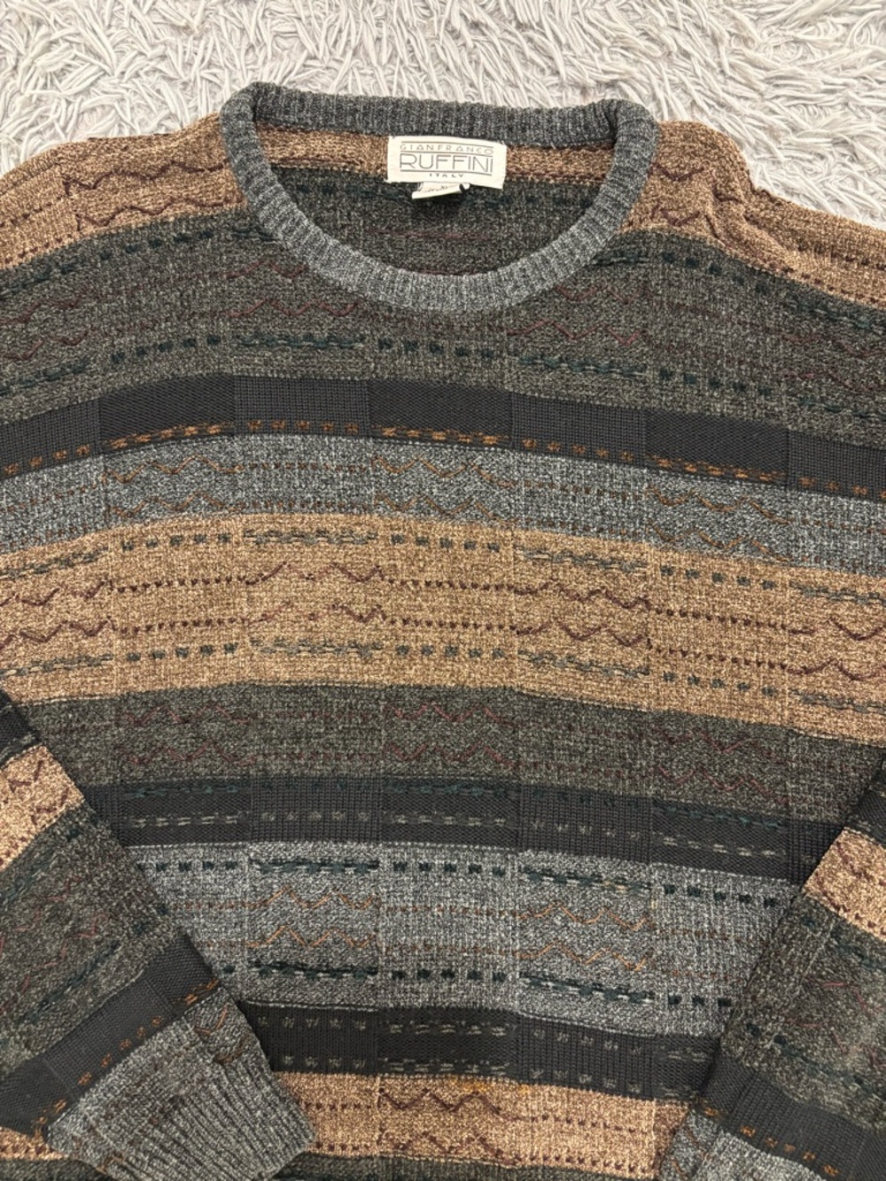 Vintage Gianfranco Ruffini Italy Sweater Men Size XL Brown Grandpa Abstract Y2K - Picture 2 of 6